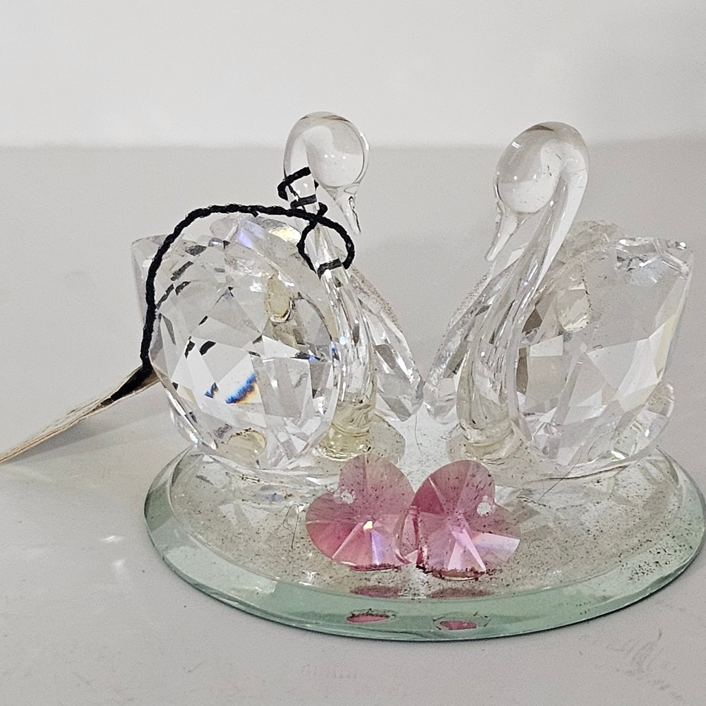Faceted Crystal Swan Figurine Pair with Pink Hearts on Mirrored Base